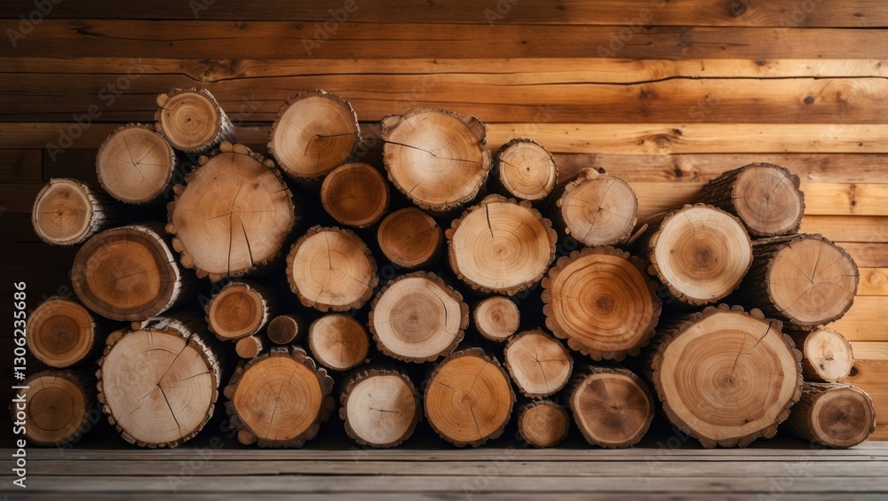 Poster tree sections displayed against a wooden backdrop. logs stacked, highlighting the logging and forest