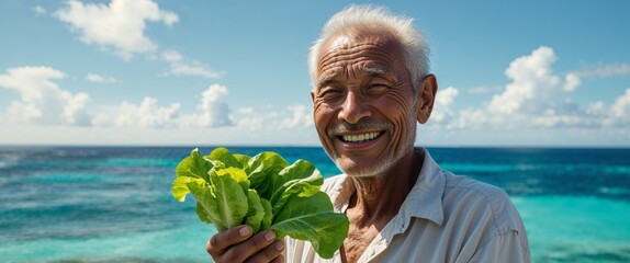 A smiling older man picks fresh lettuce beside a beautiful ocean view on a sunny day