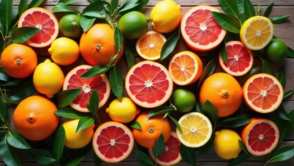Colorful citrus fruits with foliage arranged on a wooden surface, viewed from above