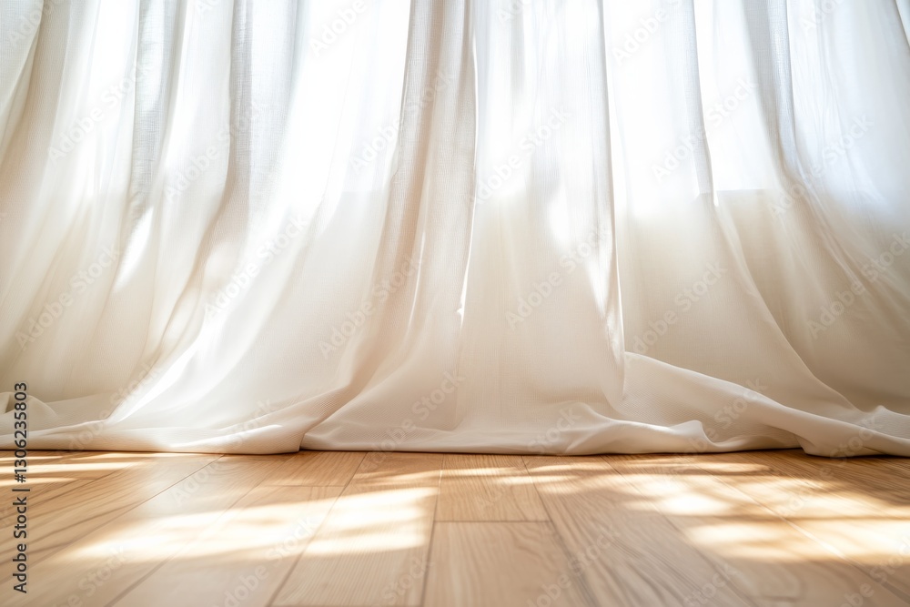 Aufkleber Soft natural light fills a minimalist room with a large white curtain draping elegantly by the window, fostering a calm and inviting space for reflection