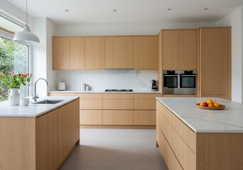 Fototapeta premium Modern kitchen boasts bright natural light illuminating sleek light wood cabinets and marble countertops. AI Generated