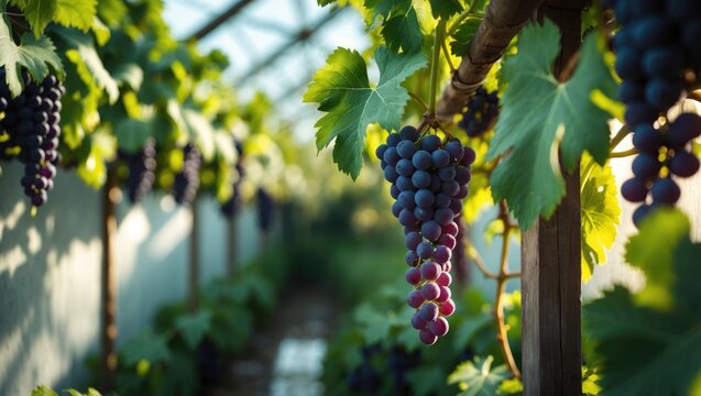 Vines bearing grapes in a greenhouse located in Hoeilaart, Belgium.
