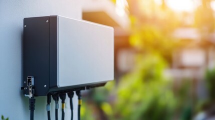 Residential wireless network equipment mounted on a wall in a garden during sunset