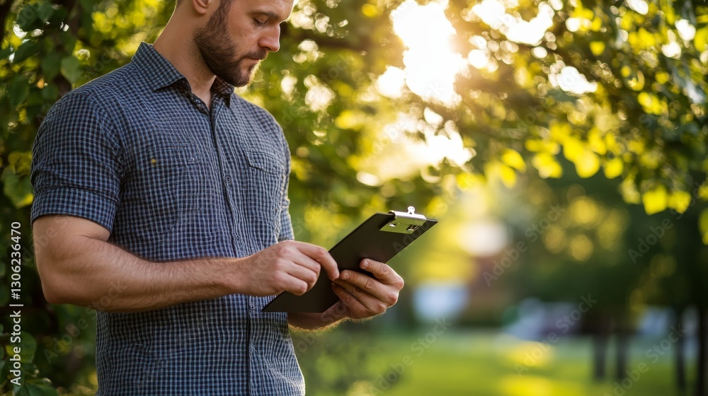Poster a person in a casual shirt stands under a tree, holding a clipboard while sunlight gently filters th