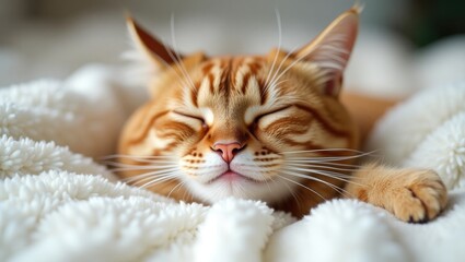 Humorous Cat Dozing on a Cozy White Blanket.