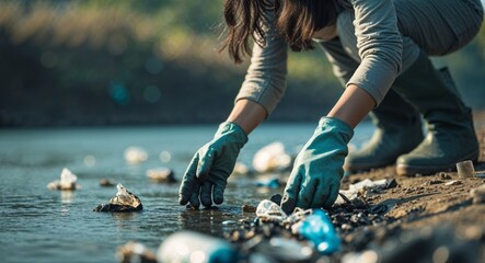 Volunteer in gloves cleaning plastic pollution from river