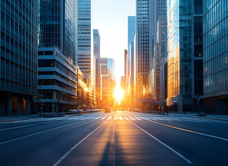Fototapeta premium Urban sunrise, A vibrant city street bathed in the warm morning light, framed by towering skyscrapers