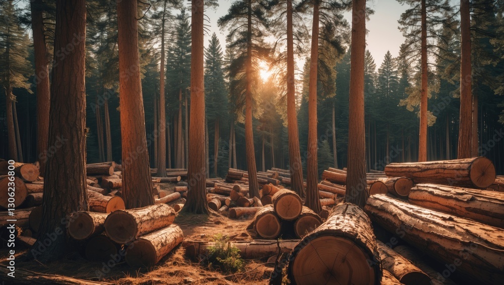 Aufkleber pine and spruce forest trees. clusters of logs, showcasing logging and timber industries. wood trunk