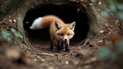 Fototapeta premium Young Fox Kit Exploring Near Its Burrow