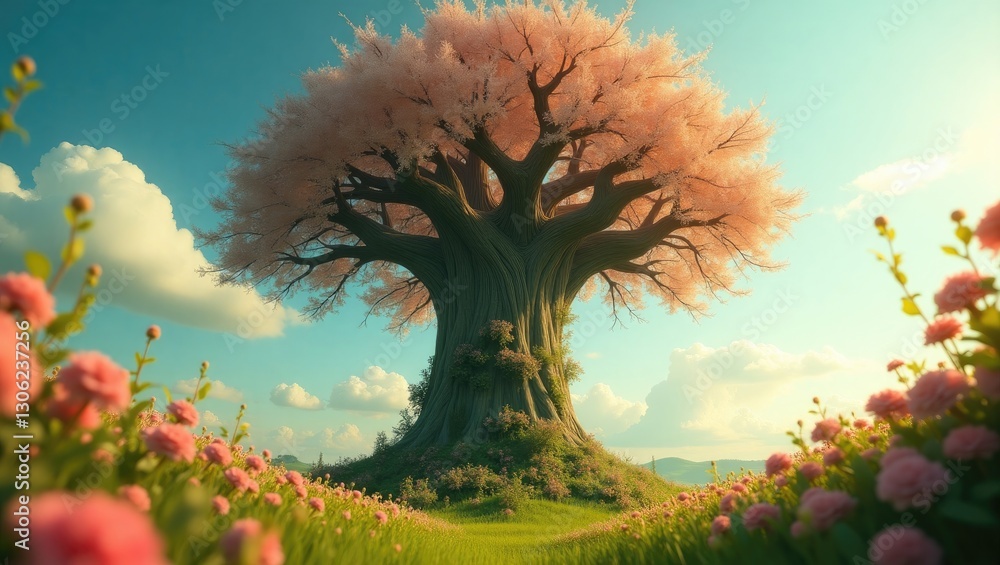 Aufkleber decorating the top of a tree trunk within a springtime setting.