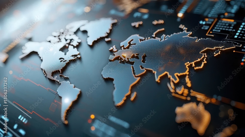 Poster detailed digital world map with glowing connectivity lines and futuristic technology elements repres