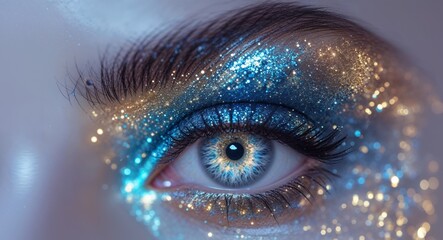 A Close Up Of A Glittery Eye With Blue And Gold Makeup.