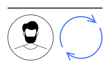 Profile avatar inside a circle paired with blue circular arrows indicating progress, updates, or cycles. Ideal for user management, workflow, process, refresh, iteration technology identity. Flat