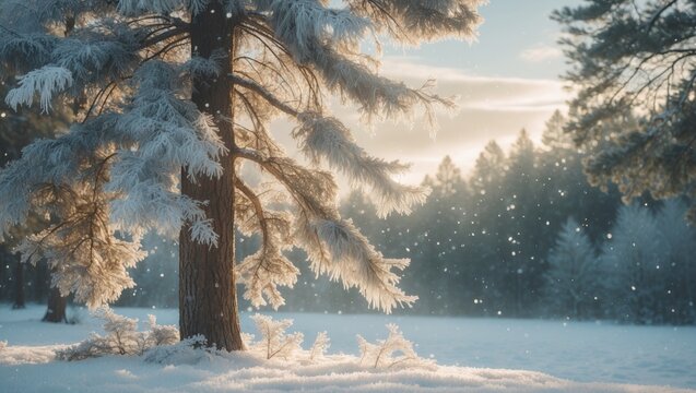 Icy tree branches in a serene winter setting. Frosty landscape featuring snow and a tranquil woodland scene. Morning sunshine illuminating the sky and trees, with gentle snowfall creating a picture... - Powered by Adobe