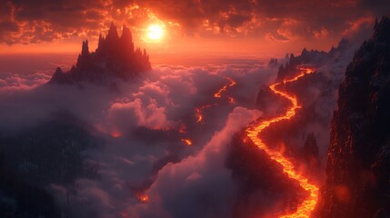 Naklejka premium Fiery lava river flows dramatically through surreal mountain peaks bathed in warm sunset light. AI Generated