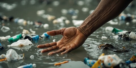 Obraz premium Hand reaching into polluted water with floating plastic.