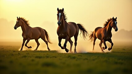 A pair of horses graze while two others sprint through the muddy field.
