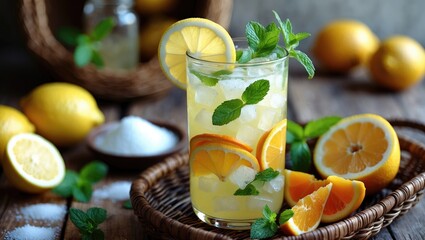 Fototapeta premium Refreshing homemade lemonade served in a glass with citrus fruits, ice, and fresh mint. Components for preparing lemonade.