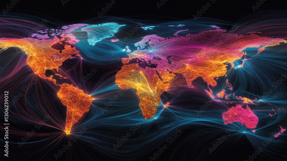 Poster a logistics network map with illuminated lines showing the vast interconnected routes of global supp