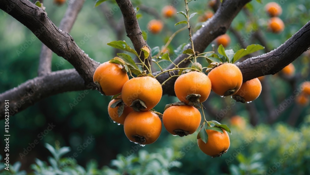 Poster juicy, vibrant persimmons dangling from tree branches in a lush garden. persimmon trees yield both c