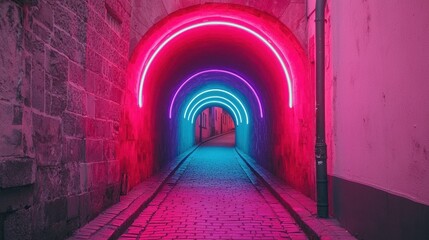 Fototapeta premium Neon Tunnel with Colorful Lights in an Urban Environment at Night