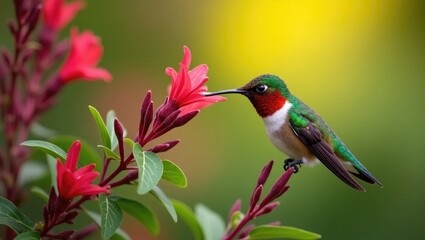Female Ruby-Throated Hummingbird sipping nectar from vibrant red salvia blossoms.