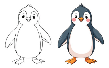 Penguin Isolated Line Art Vector Outline Illustration Black and White with Coloring Sample