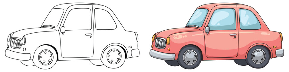 Sedan Car Isolated Line Art Vector Outline Illustration Black and White with Coloring Sample