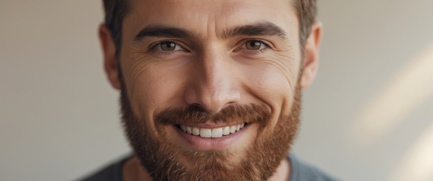 Confident man with beard and friendly smile in studio light