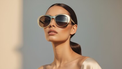 Fototapeta premium Fashion model wearing stylish sunglasses posing in summer light.