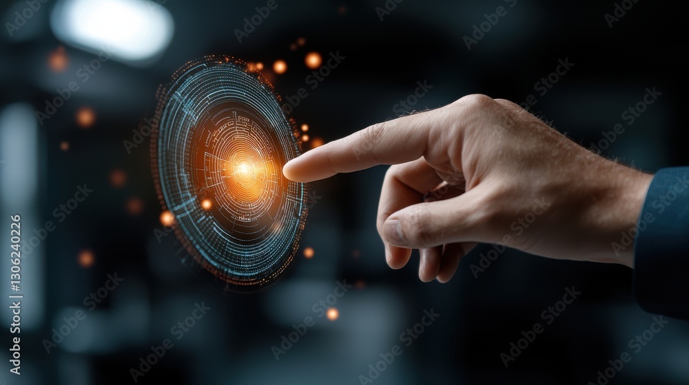 Aufkleber digital hologram interface with glowing hand gesture interacting and controlling advanced futuristic