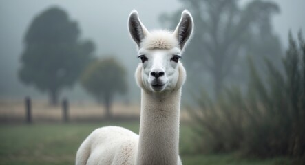 Obraz premium Portrait of a white llama in a natural setting. Concept of animal protection and rural life. High-quality image.