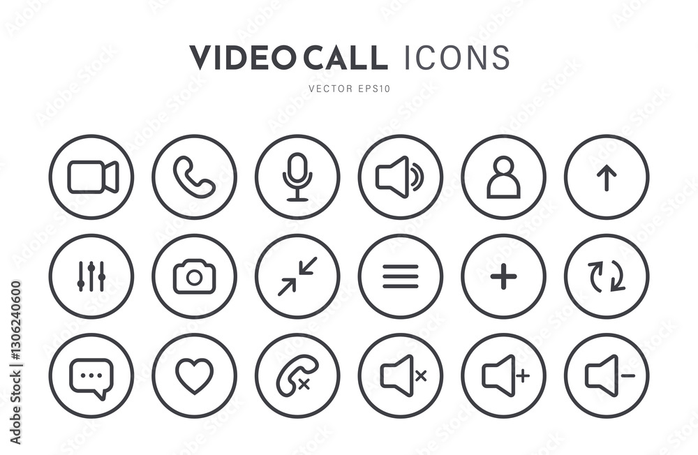 Poster icon videocall. collections buttons for video chat interface. minimalistic simple outline symbols. v