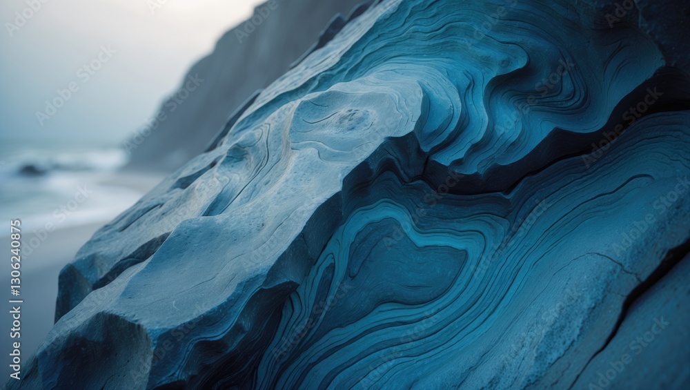 Aufkleber Close-up view of a rock displaying various shades of blue. The stone features wavy patterns and smooth indentations created by the sea's erosive power. Textural details showcase vibrant and stunnin...