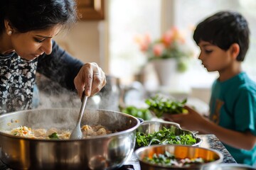 A mother stirs a steaming pot of chicken biryani while her son chops fresh herbs. The fragrant spices fill the air as they prepare the family meal.