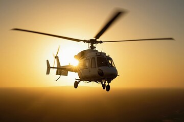 A Helicopter Flying in the Sky With the Sun Setting Behind It - Generative AI