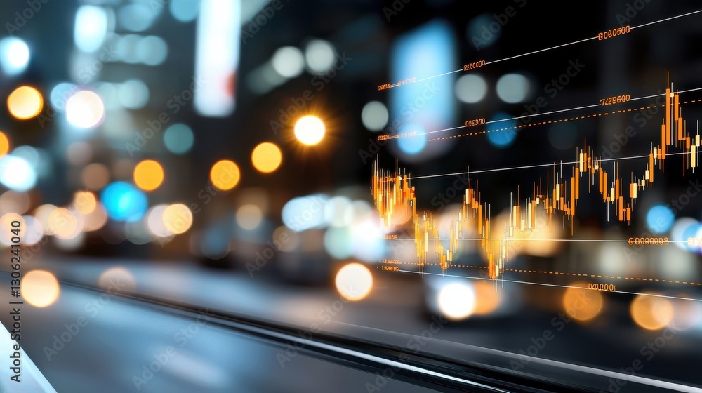 Poster dynamic financial data visualization displayed on a blurred city nightscape background showcasing ma