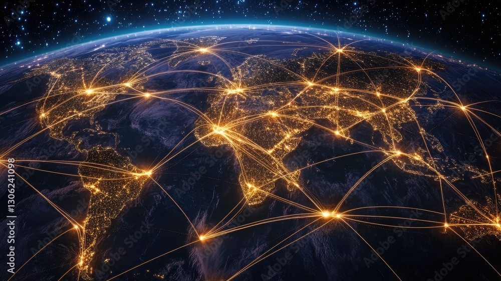 Poster a logistics network map with illuminated routes connecting major cities, emphasizing the global flow