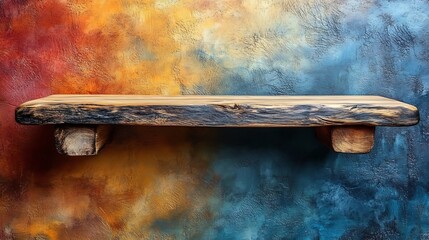 Rustic Wooden Shelf Against Vibrant Textured Wall. AI Generated