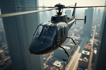 A Helicopter Flying Over a City With Tall Buildings in the Background - Generative AI