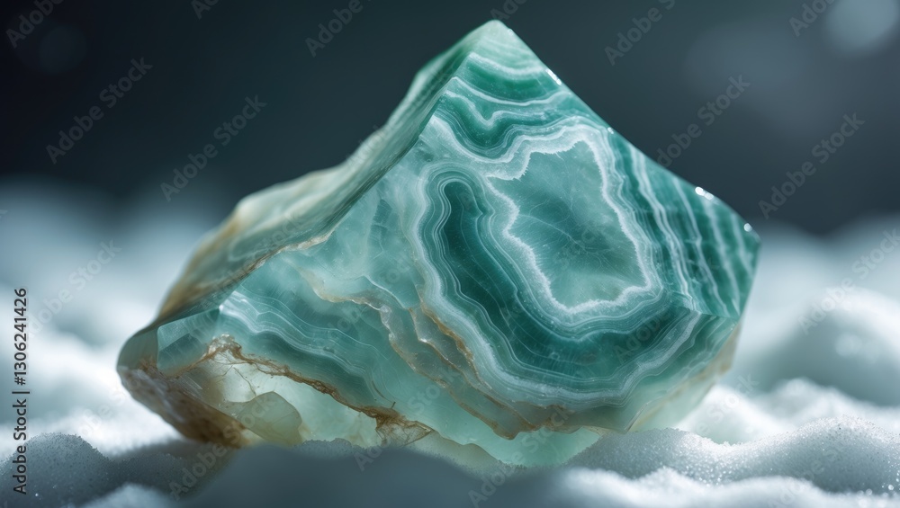 Poster detailed view of a piece of raw natural chalcedony stone with translucent qualities, set against a w
