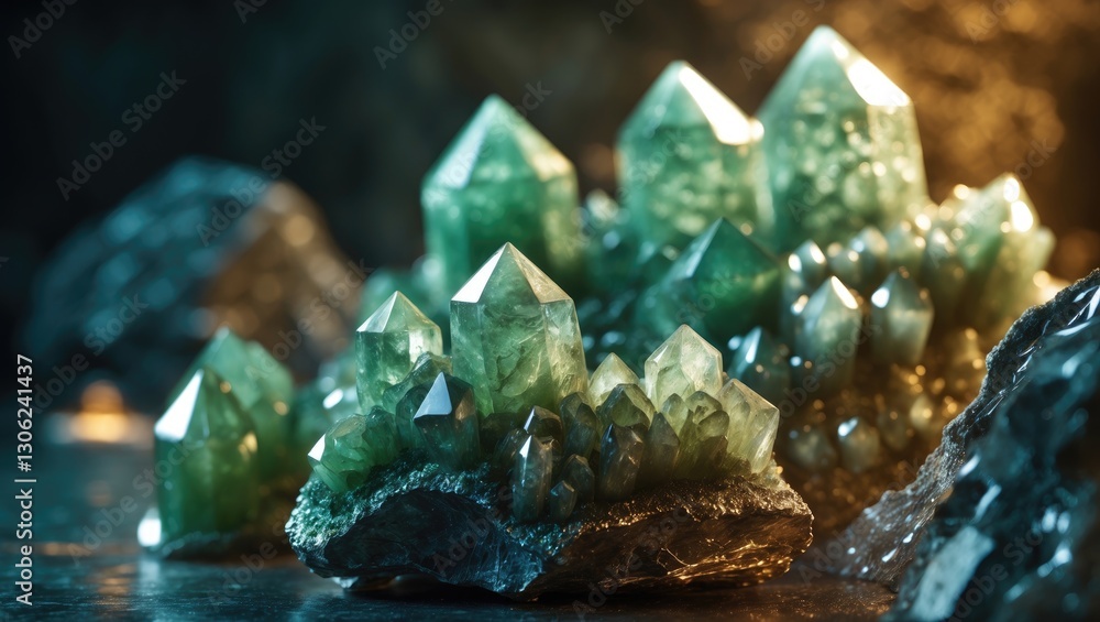 Poster Green druse crystals of agate SiO2, silicon dioxide. Macro shot. Stunning backdrop for your successful project.