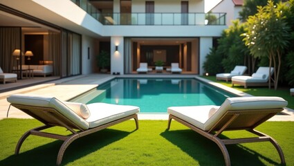 Empty lounge chairs on synthetic grass in a summer villa's private area, overlooking modern homes featuring a swimming pool, representing luxury and a summer holiday lifestyle.