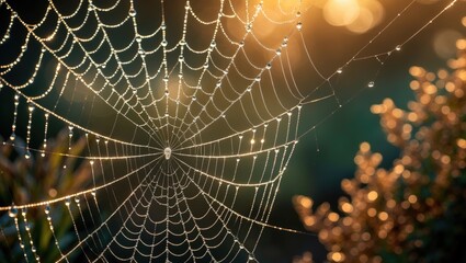Glittering dew beads on a spider web illuminated by sunlight, set against a dreamy abstract background.