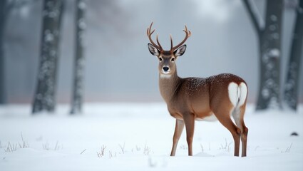 Roe deer in a snowy woodland setting. Capreolus capreolus.