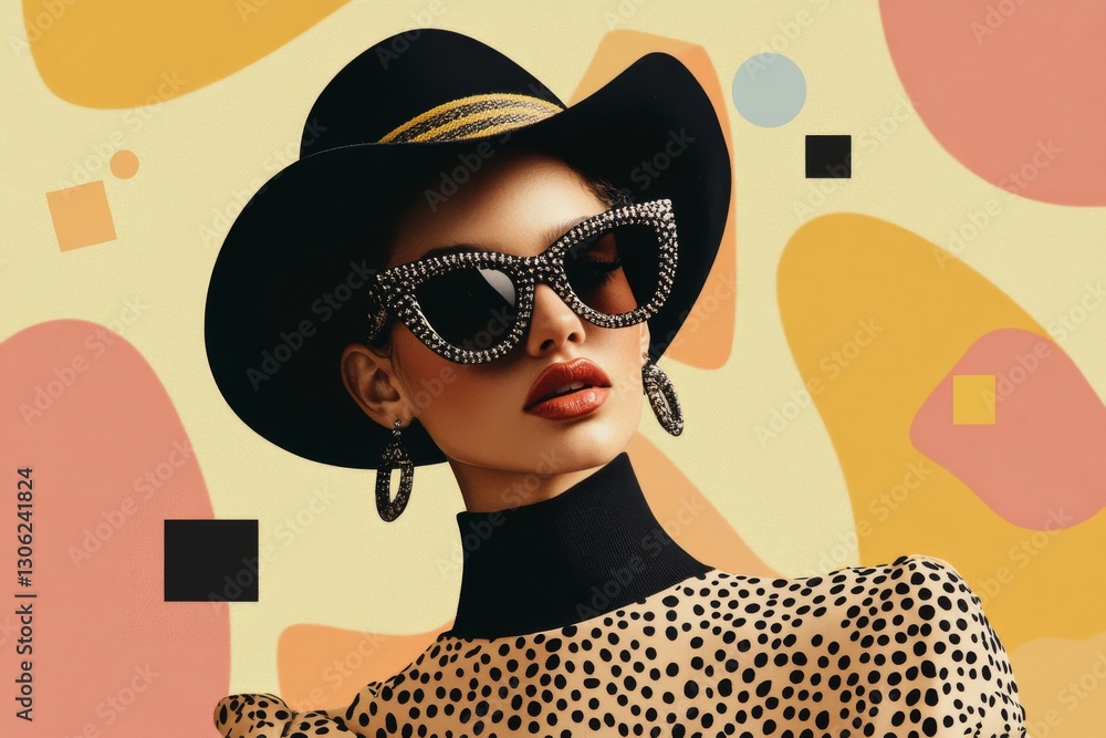 Aufkleber a figure adorned with bold accessories poses in a vibrant pop art collage filled with colors and pat