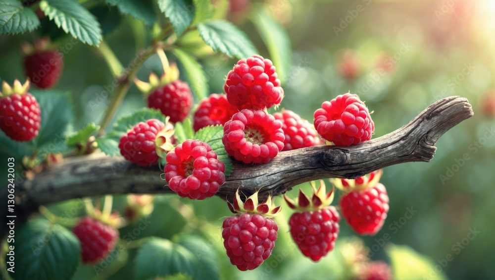 Aufkleber zoomed-in view of vibrant red raspberries on a branch in a garden. juicy raspberries are seen among 