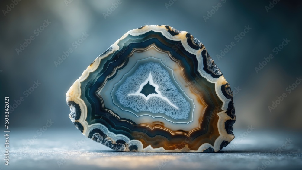 Aufkleber Close-up view of a natural stone agate slice. Showcasing the unique patterns and textures found in minerals for backgrounds. Ideal surfaces, backdrops, and wallpapers featuring natural stone agate.