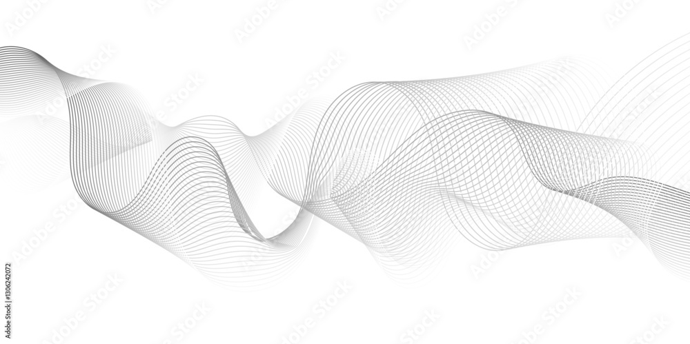 Poster Abstract grey, white smooth element swoosh speed wave modern stream background. Wave with lines created using blend tool. Abstract frequency sound wave lines and twisted curve lines background.	
