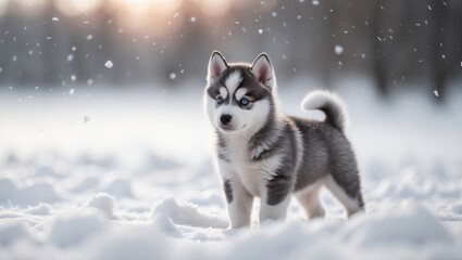 Naklejka premium Adorable Siberian Husky puppy playing in the snow